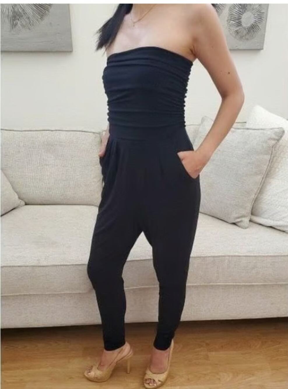 Leith Ruched Tapered Leg Strapless Romper Jumpsuit Size 4X plus Black Pockets